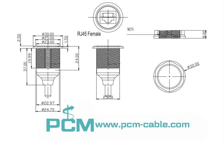 drawing of rj45 panel mount cable