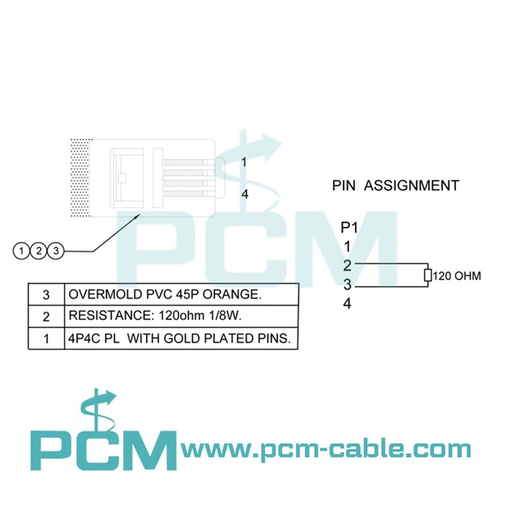 Pinout pin assignment drawing of RJ9 4P4C Bus termination resistor 120 Ohm
